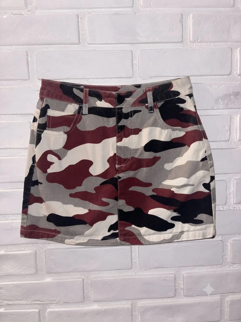 Forever 21 Burgundy, Black & Cream Camo Mini Skirt